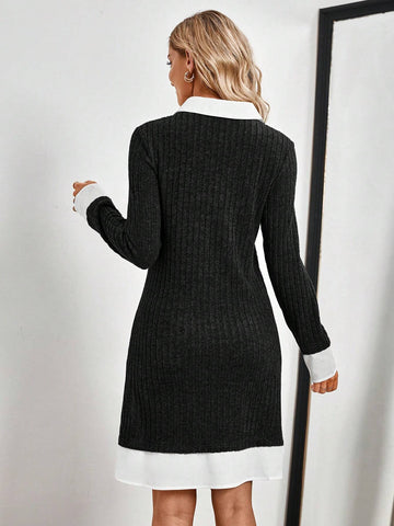 EMERY ROSE Grey Color Blocking With White Trim Office Dress Office Wear Women Business Casual Woman Women's Mini Dress