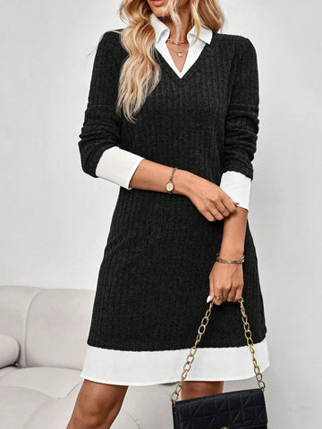 EMERY ROSE Grey Color Blocking With White Trim Office Dress Office Wear Women Business Casual Woman Women's Mini Dress