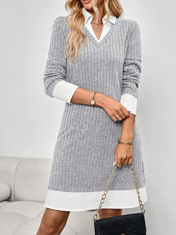 EMERY ROSE Grey Color Blocking With White Trim Office Dress Office Wear Women Business Casual Woman Women's Mini Dress