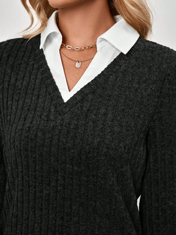 EMERY ROSE Grey Color Blocking With White Trim Office Dress Office Wear Women Business Casual Woman Women's Mini Dress