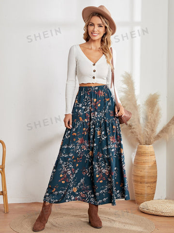 EMERY ROSE High Waist Floral Print Ruffle Hem Skirt