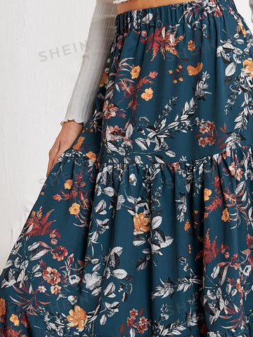 EMERY ROSE High Waist Floral Print Ruffle Hem Skirt