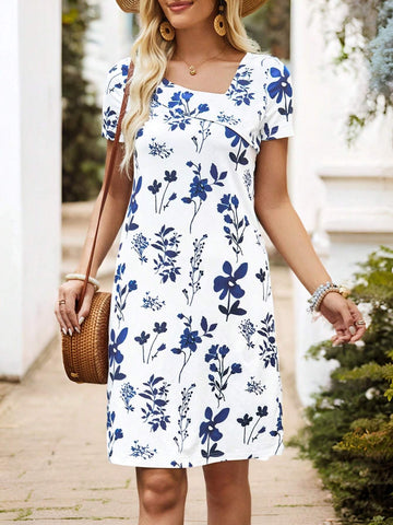 EMERY ROSE Irregular Off-Shoulder Printed Casual Beachwear Short Sleeve Dress
