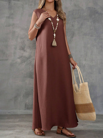 EMERY ROSE Khaki Colored Texture Fabric V Neck Sleeveless Slit Women's Midi Dress