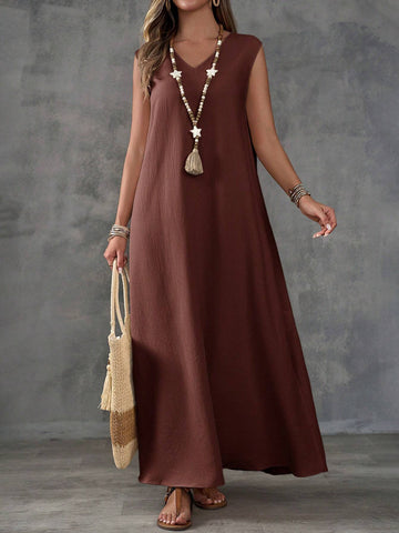 EMERY ROSE Khaki Colored Texture Fabric V Neck Sleeveless Slit Women's Midi Dress