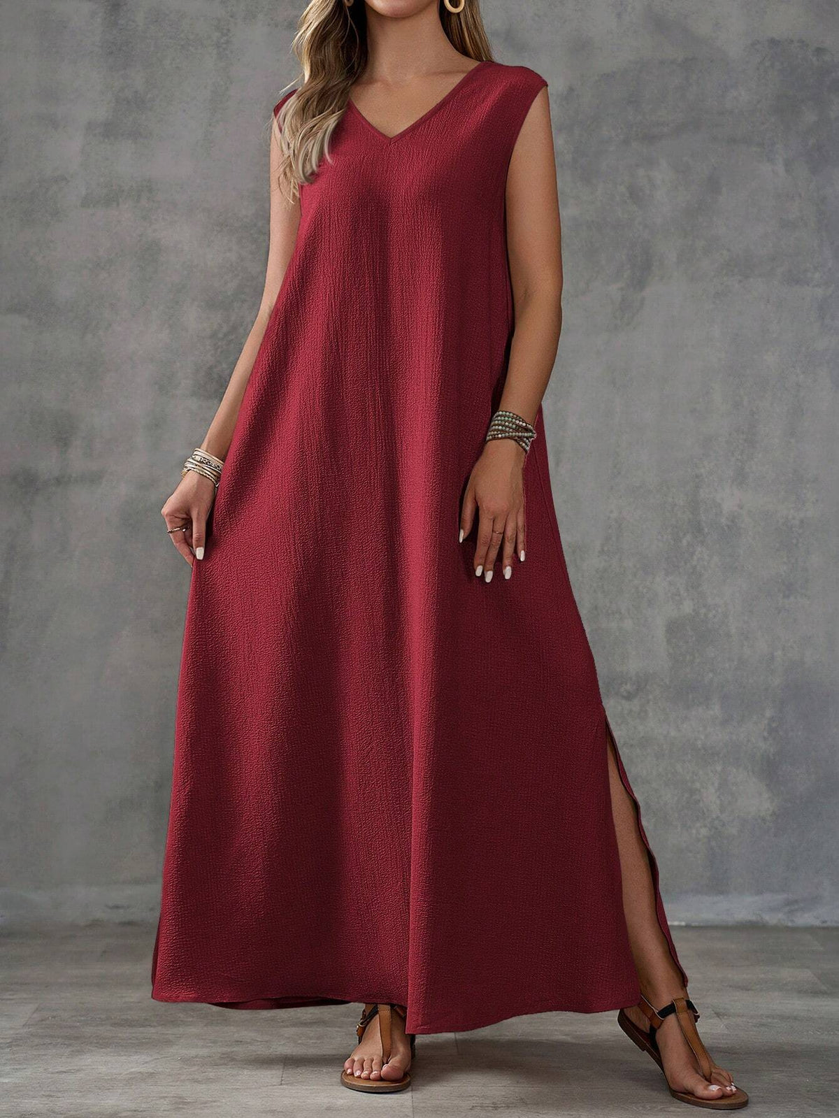 EMERY ROSE Khaki Textured Fabric V-Neck Slit Design Sleeveless Women's Dress