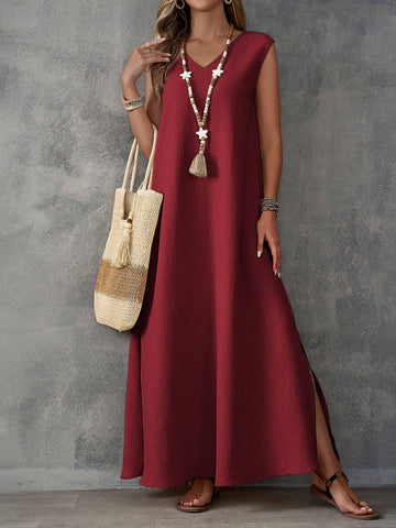 EMERY ROSE Khaki Textured Fabric V-Neck Slit Design Sleeveless Women's Dress