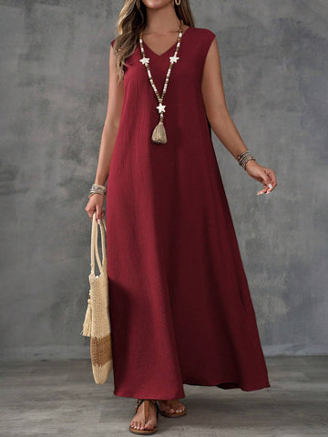 EMERY ROSE Khaki Textured Fabric V-Neck Slit Design Sleeveless Women's Dress