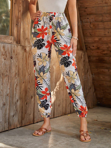 EMERY ROSE Knot Waist Tropical Print Pants