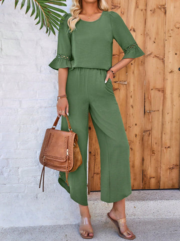 EMERY ROSE Lace Insert Ruffled Cuff Crew Neck Top And Pants Two-Piece Set