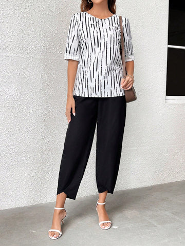 EMERY ROSE Ladies' Printed Half Sleeve Shirt And Jogger Pants Set