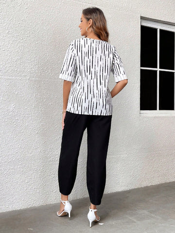 EMERY ROSE Ladies' Printed Half Sleeve Shirt And Jogger Pants Set