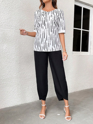 EMERY ROSE Ladies' Printed Half Sleeve Shirt And Jogger Pants Set