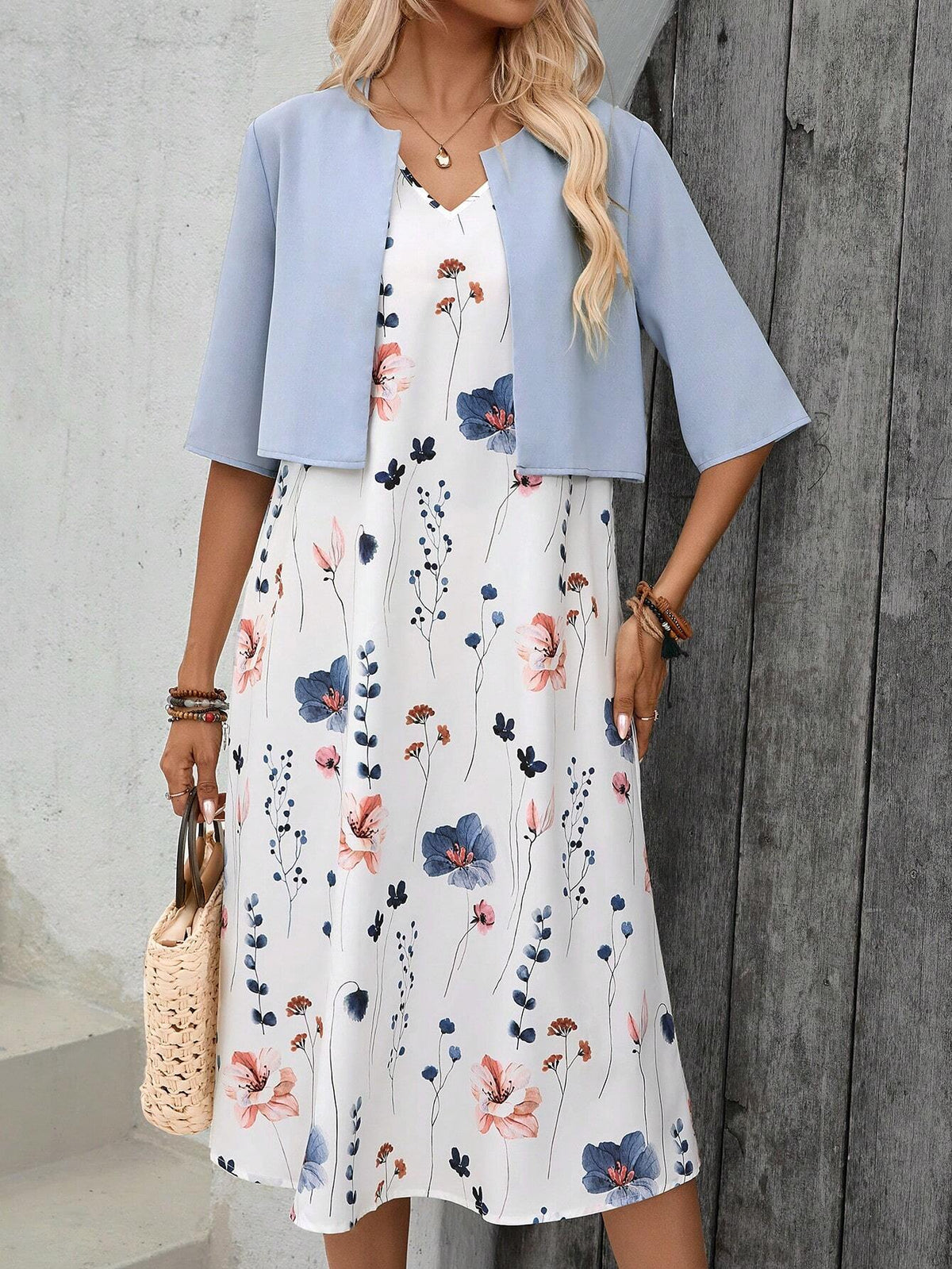 EMERY ROSE Ladies" Printed Sleeveless Dress With Solid Color Coat Two-Piece Summer Outfit