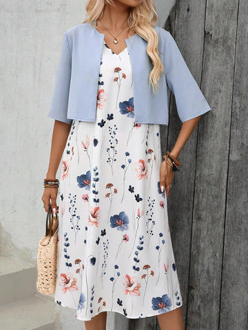 EMERY ROSE Ladies" Printed Sleeveless Dress With Solid Color Coat Two-Piece Summer Outfit