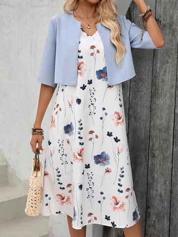 EMERY ROSE Ladies" Printed Sleeveless Dress With Solid Color Coat Two-Piece Summer Outfit