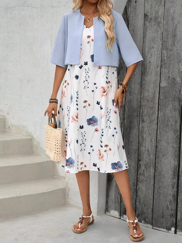 EMERY ROSE Ladies" Printed Sleeveless Dress With Solid Color Coat Two-Piece Summer Outfit