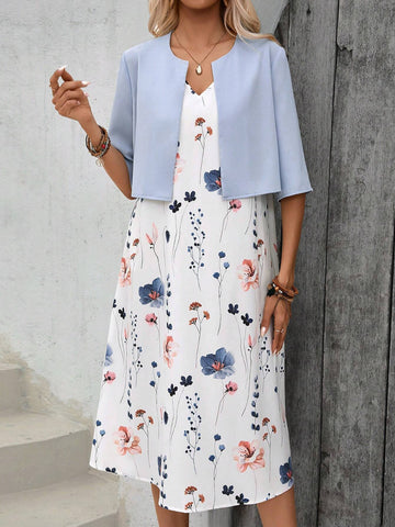 EMERY ROSE Ladies" Printed Sleeveless Dress With Solid Color Coat Two-Piece Summer Outfit