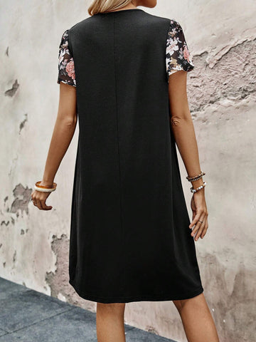 Ladies' Round Neck Flower Printed Casual Holiday Dress With Tie Detailing