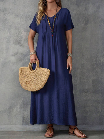 EMERY ROSE Ladies' Simple Solid Color Short Sleeve Daily Dress