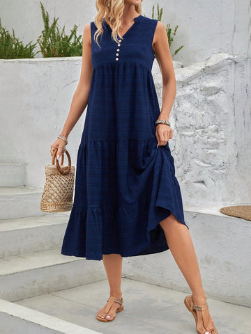 EMERY ROSE Ladies' Solid Color Notched V-Neck Ruffle Hem Shift Dress Summer