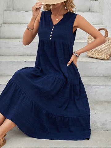 EMERY ROSE Ladies' Solid Color Notched V-Neck Ruffle Hem Shift Dress Summer