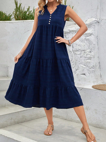 EMERY ROSE Ladies' Solid Color Notched V-Neck Ruffle Hem Shift Dress Summer