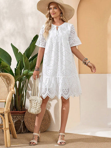 Ladies' Solid Color Ruffle Trim Burnout Casual Summer Vacation Dress