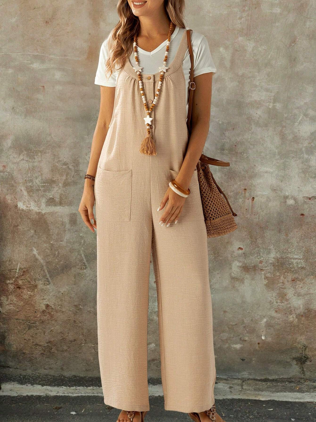 EMERY ROSE Ladies Solid Color Simple Daily Wear Overall Jumpsuit With Spaghetti Straps