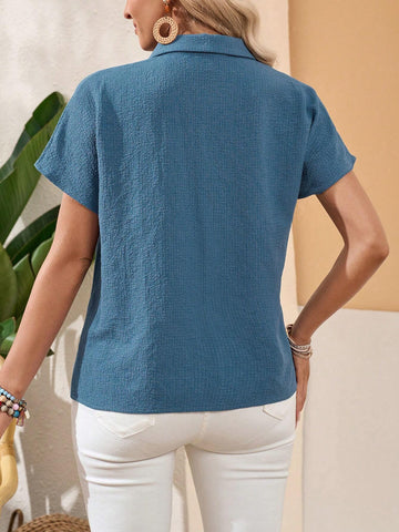 EMERY ROSE Ladies' Solid Color Turn-Down Collar Short Sleeve Casual Shirt, Summer Blue Shirt Teacher Clothes Basic T Shirt