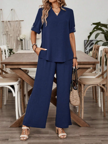 EMERY ROSE Ladies' Solid Color V Neck Summer Top And Pant Casual Two-Piece Set Blue