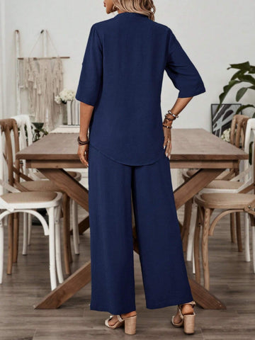 EMERY ROSE Ladies' Solid Color V Neck Summer Top And Pant Casual Two-Piece Set Blue