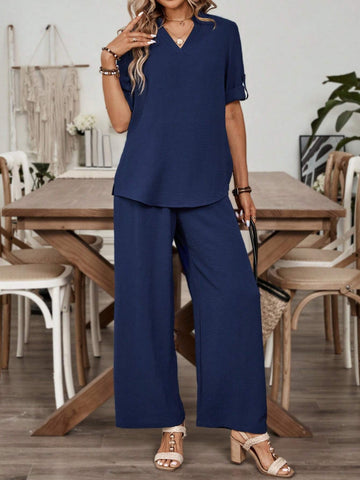 EMERY ROSE Ladies' Solid Color V Neck Summer Top And Pant Casual Two-Piece Set Blue
