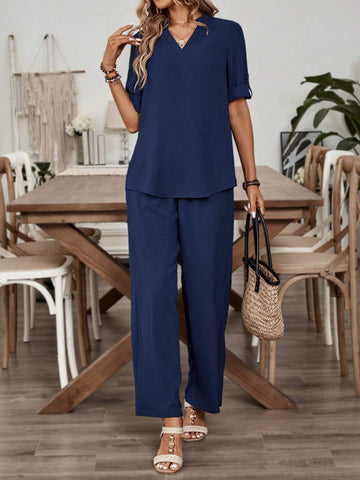 EMERY ROSE Ladies' Solid Color V Neck Summer Top And Pant Casual Two-Piece Set Blue