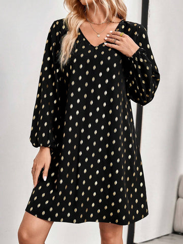 EMERY ROSE Ladies' Spring & Autumn Casual Polka Dot Print Short Dress