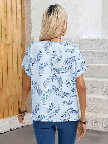 EMERY ROSE Ladies' Summer Plant Printed Batwing Short Sleeve Loose Fit Round Neck Shirt, Vacation Style