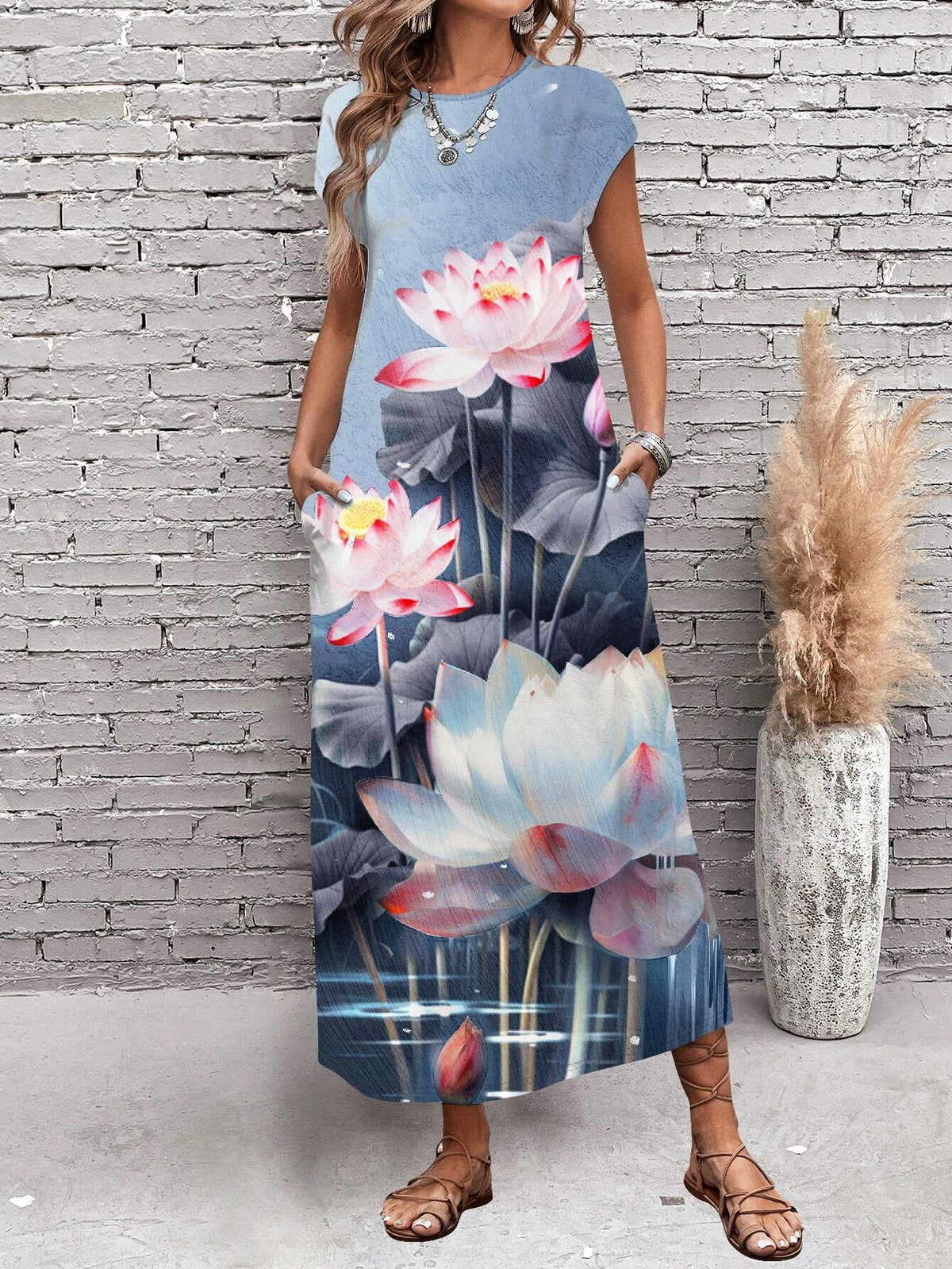 Ladies' Vintage Casual Long Lotus Patterned Dress
