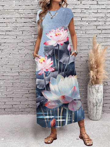 Ladies' Vintage Casual Long Lotus Patterned Dress