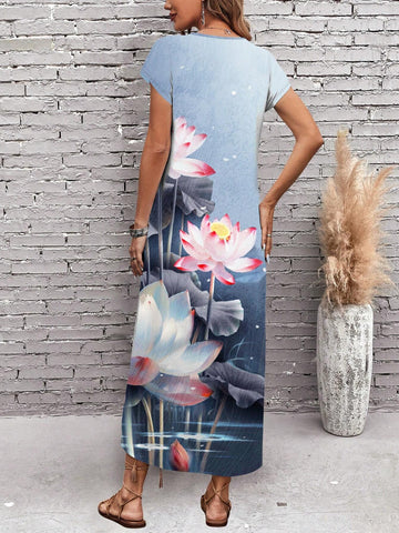 Ladies' Vintage Casual Long Lotus Patterned Dress