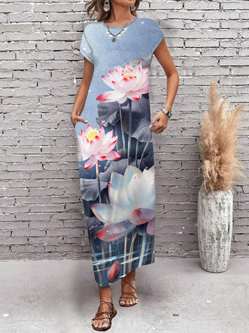 Ladies' Vintage Casual Long Lotus Patterned Dress