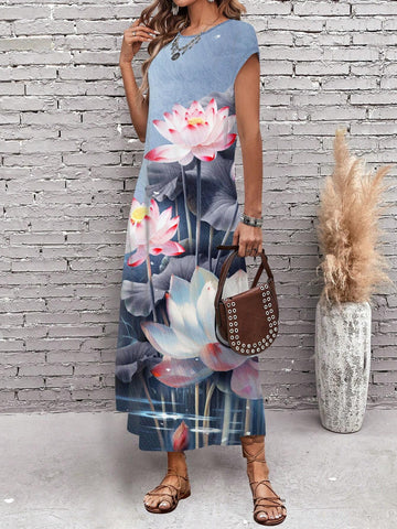 Ladies' Vintage Casual Long Lotus Patterned Dress