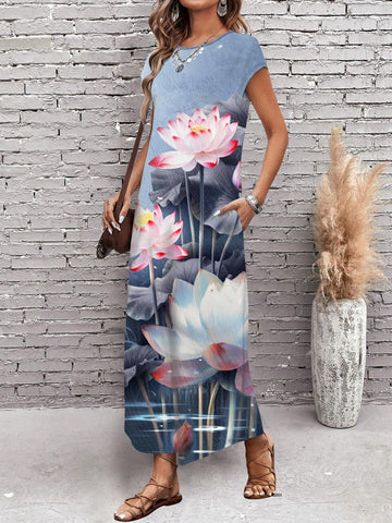Ladies' Vintage Casual Long Lotus Patterned Dress