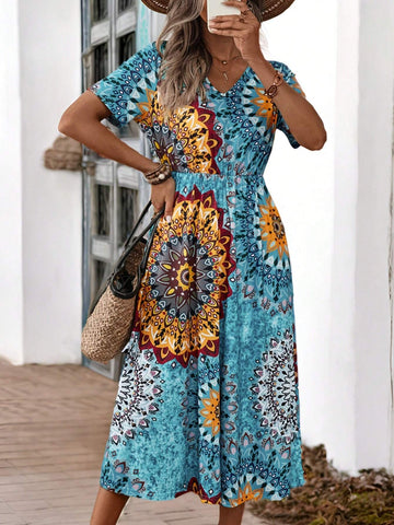 EMERY ROSE Ladies' Vintage Print Cinched Waist Summer Holiday Casual Dress