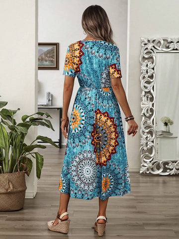 EMERY ROSE Ladies' Vintage Print Cinched Waist Summer Holiday Casual Dress