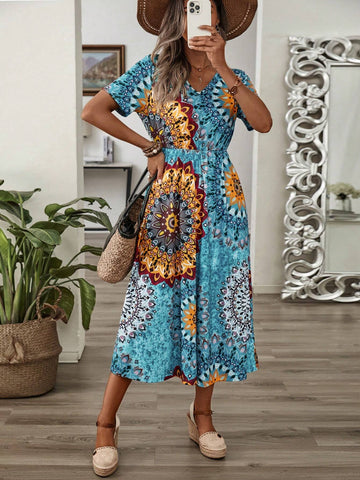 EMERY ROSE Ladies' Vintage Print Cinched Waist Summer Holiday Casual Dress