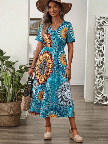 EMERY ROSE Ladies' Vintage Print Cinched Waist Summer Holiday Casual Dress