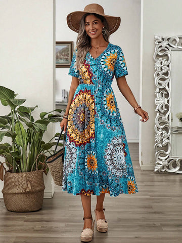 EMERY ROSE Ladies' Vintage Print Cinched Waist Summer Holiday Casual Dress