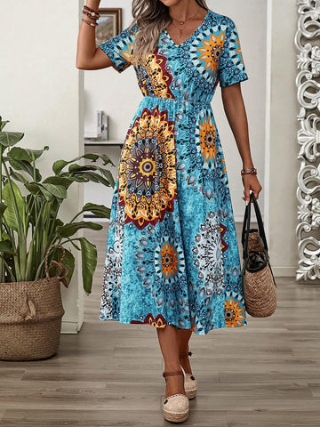 EMERY ROSE Ladies' Vintage Print Cinched Waist Summer Holiday Casual Dress