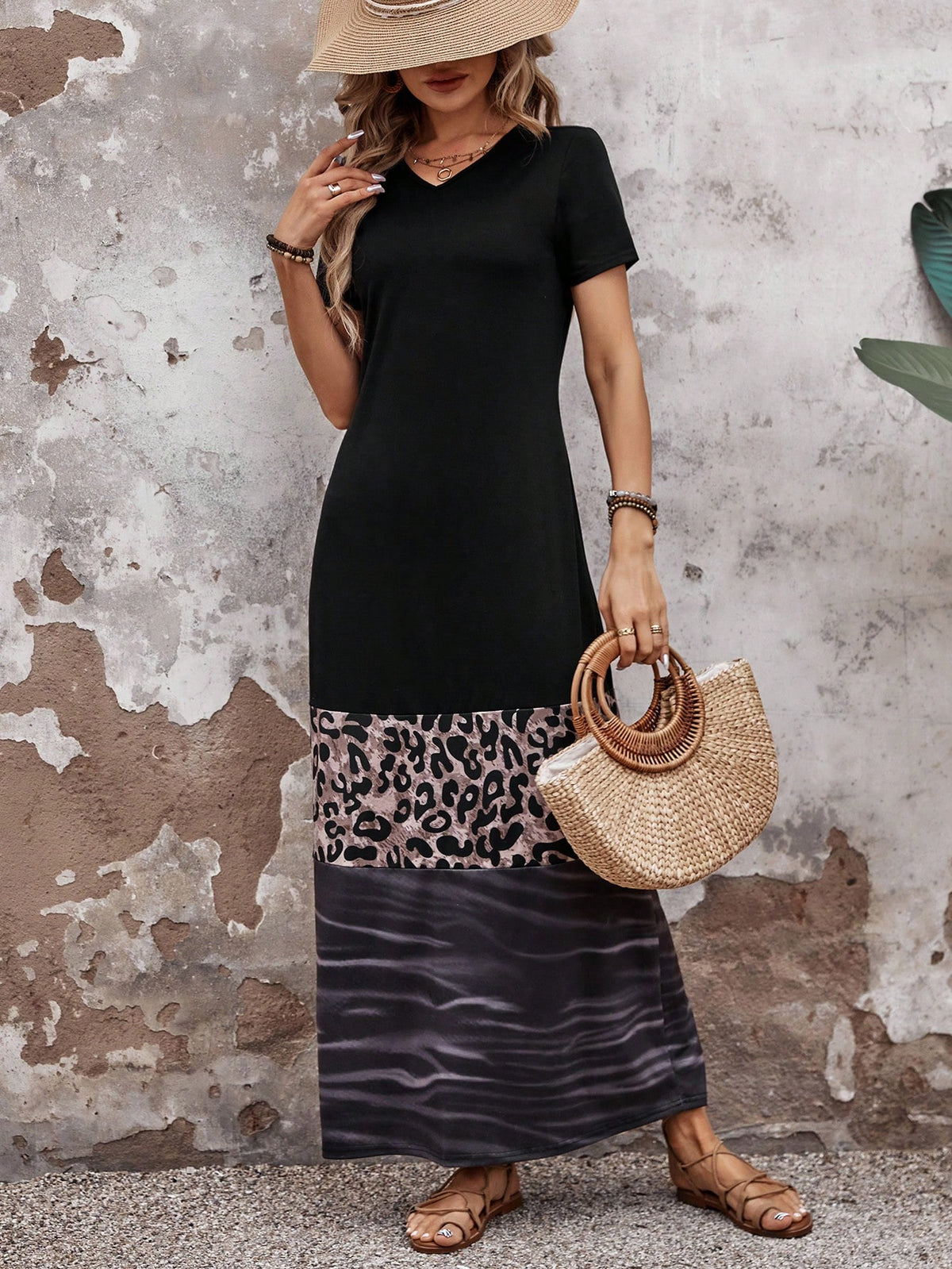 EMERY ROSE Leopard Patchwork Color Block Long Summer Dress