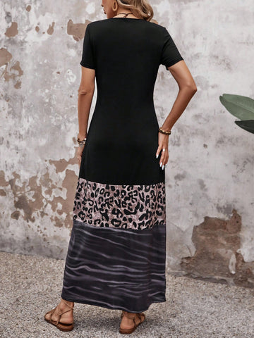 EMERY ROSE Leopard Patchwork Color Block Long Summer Dress